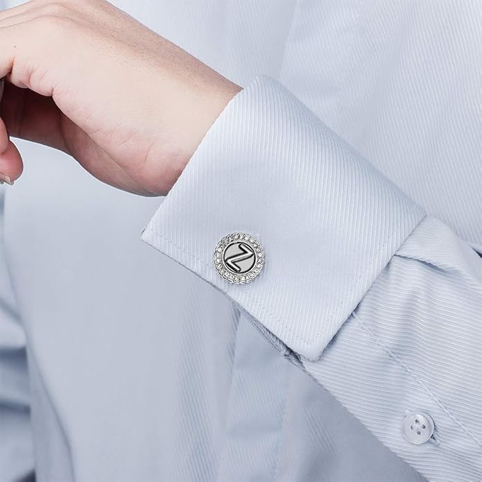 HAWSON A-Z Initial Cufflinks for Men and Women with Clear Crystal, Gold Silver Color Rasied Letter A-Z Cuff Links for French Shirt, Gift for Normal and Business Wearing