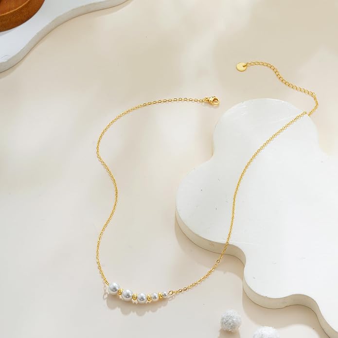 Gold Pearl Necklaces for Women Trendy, 14K Gold Plated Dainty Necklace Simple Layered Pearl Necklaces for Women Trendy Wedding Birthday Jewelry