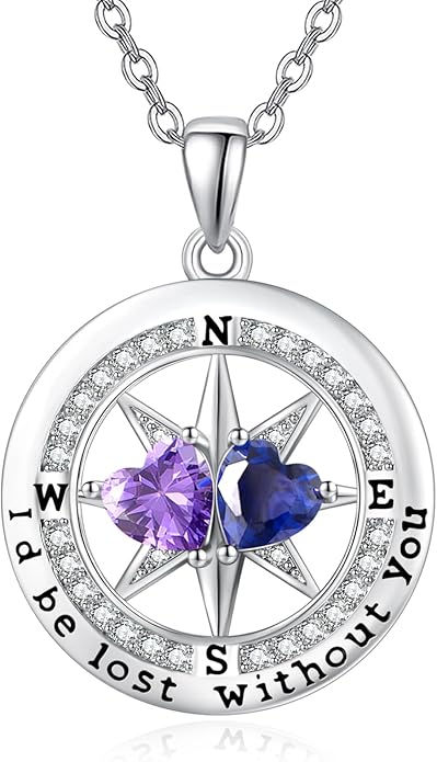 Compass Birthstones Necklace for Women, Exquisite Anniversary Birthday Gifts for Wife Her Double Birthstone Pendant jewelry ‘I'd be Lost Without You’