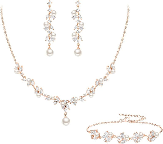 EleQueen Women's Simulated Pearl Wedding Jewelry Set, Cubic Zirconia Marquise Floral Bridal Necklace Earrings Bracelet Sets