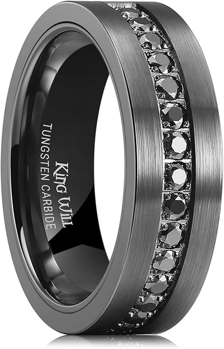 King Will Mens Tungsten Wedding Band with Cubic Zircon Inlay 7mm/8mm Flat Cut Comfort Fit Engagement Rings