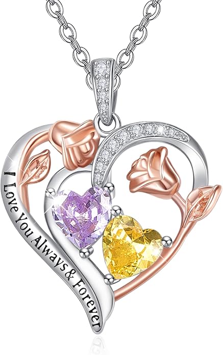 Zeuslia Double Birthstone Necklace Gifts for Wife - 925 Sterling Silver Sunflower/Rose/Crown Cross/Compass/Heart Pendant I Love You Necklace, Anniversary Birthday Gifts for Wife Girlfriend Mom Her