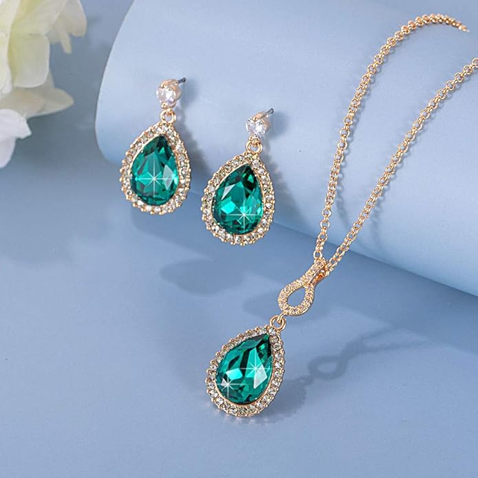 Austrian Crystals Teardrop Pendant Necklace Earrings for Women 14K Gold Plated Hypoallergenic Jewelry Set