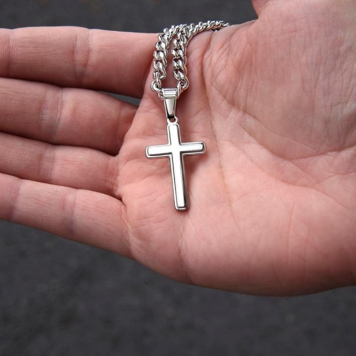 FLAGISTA Promise Cross Necklace for Him – Stainless Steel Cross Pendant with Cuban Link Chain, Meaningful Promise Gift for Husband, Boyfriend or Loved One.