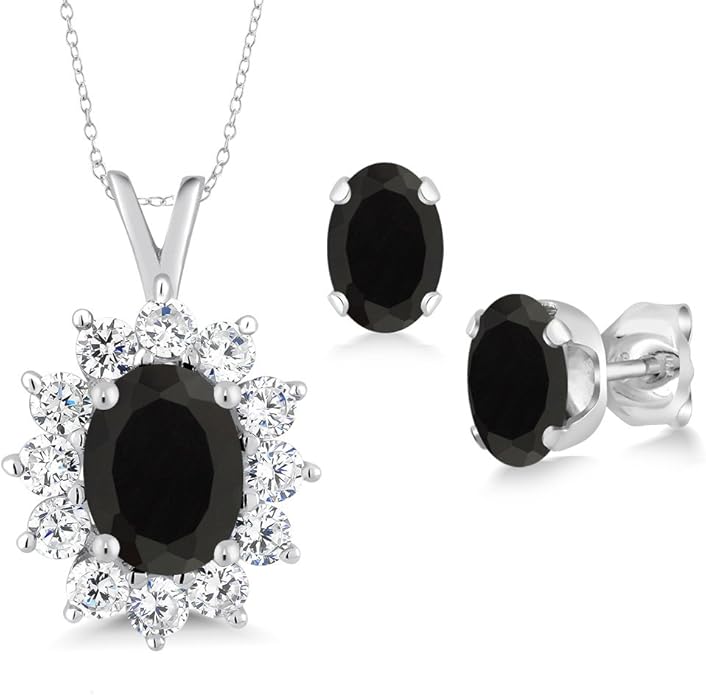Gem Stone King 8X6MM and 6X4MM Oval Gemstone Birthstone Pendant and Earrings Jewelry Set For Women | 925 Sterling Silver | Fine Jewelry Gifts for Her Mom Women Wife | With 18 Inch Chain
