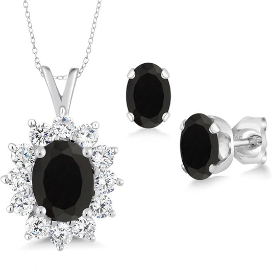 Gem Stone King 8X6MM and 6X4MM Oval Gemstone Birthstone Pendant and Earrings Jewelry Set For Women | 925 Sterling Silver | Fine Jewelry Gifts for Her Mom Women Wife | With 18 Inch Chain