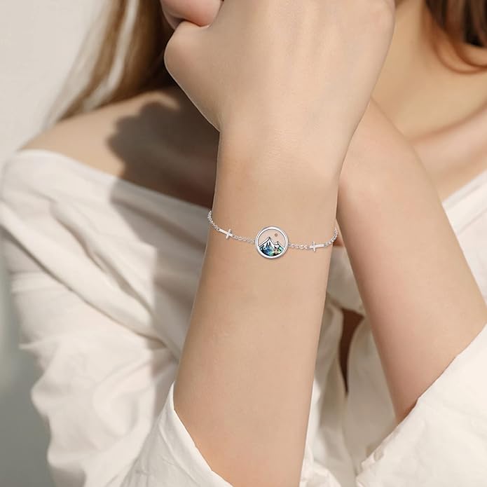 AOBOCO Mustard Seed Bracelet S925 Sterling Silver Mountain Cross Bracelets Christmas Christian Faith Jewelry Mothers Day Birthday Gifts for Mom