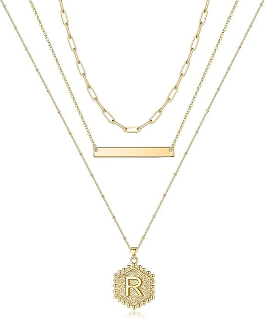Turandoss Gold Layered Initial Necklaces for Women, 14K Gold Plated Bar Necklace Handmade Layering Hexagon Letter Pendant Beads Chain Necklace Layered Necklaces for Women Gold Jewelry Gifts