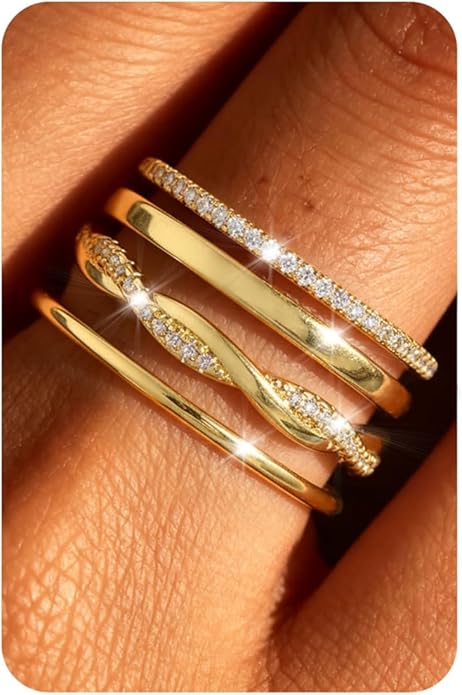 Florideco 14K Gold Plated Stackable Rings for Women Non Tarnish Dainty Cubic Zirconia Ring Set Minimalist Wedding Bands Ring Stack Statement Engagement Promise Thumb Rings Size 5-10