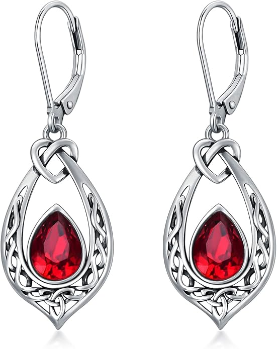 Celtic Knot Dangle Earrings 925 Sterling Silver Oxidized Vintage Drop Leverback Earrings with 8 * 6mm Simulated Birthstone Crystal Christmas Jewelry Gifts for Women (Gift Box)