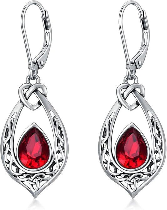 Celtic Knot Dangle Earrings 925 Sterling Silver Oxidized Vintage Drop Leverback Earrings with 8 * 6mm Simulated Birthstone Crystal Christmas Jewelry Gifts for Women (Gift Box)