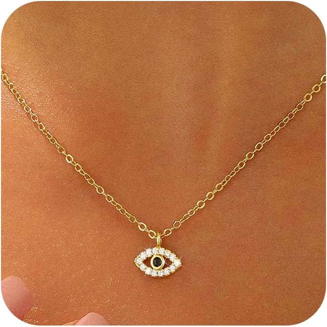Evil Eye Necklace for Women,Dainty 14K Gold/Sterling Silver Plated Evil Eye Pendant Necklace Tiny Boho CZ Diamond Necklace Cute Trendy Lucky Protection Jewelry Gift for Women
