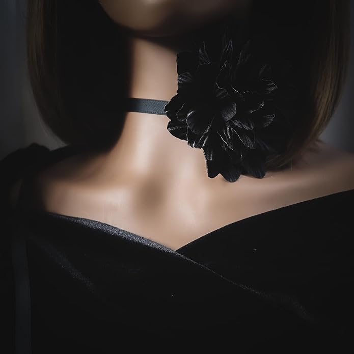 Black Choker Camellia Flower Lace-up Necklace For Women