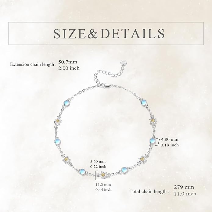 CRMAD 925 Sterling Silver Daisy/Sunflower Moonstone Anklet Daisy Flower Ankle Bracelet for Women Beach Dainty Jewelry