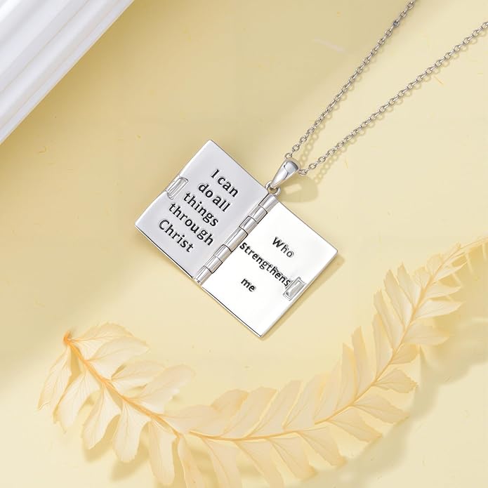 925 Sterling Silver Mini Bible Book Pendant Necklace, Openable Vintage Necklace, Christian Prayer Scripture Jewelry for Men and Women