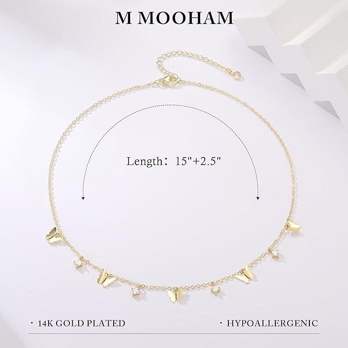 M MOOHAM Gold Clover Heart Pearl Butterfly Star flower Choker Necklace for Women - Dainty 14K Gold Plated Cubic Zirconia Cute Station Necklaces for Women Trendy Prom Jewelry Gifts