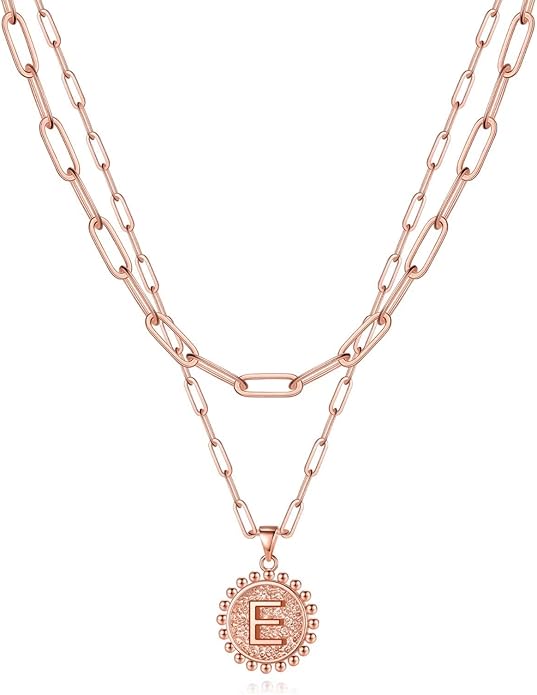 Yoosteel Gold Initial Necklaces for Women, 14K Gold Plated Dainty Layering Paperclip Link Chain Necklace Coin Initial Layered Necklaces for Women Personalized Birthday Gifts