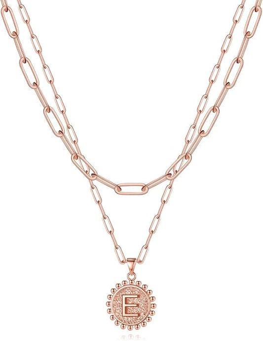 Yoosteel Gold Initial Necklaces for Women, 14K Gold Plated Dainty Layering Paperclip Link Chain Necklace Coin Initial Layered Necklaces for Women Personalized Birthday Gifts