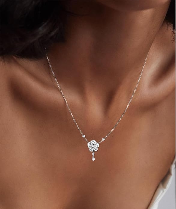 1/14 Carat Diamond Rose Necklace for Women 925 Sterling Silver Rose Flower Pendant Necklaces 18K Gold Plated Fine Jewelry