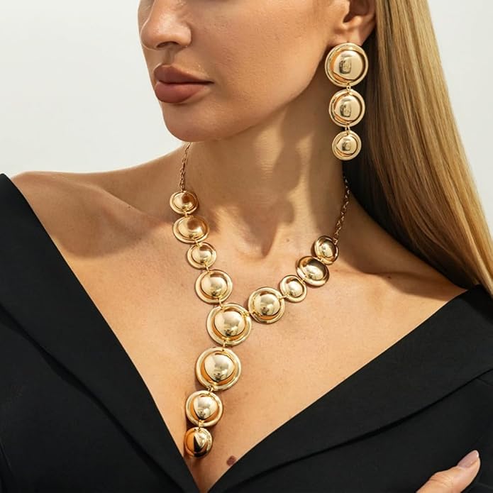 Exaggerated Chunky Gold Choker Long Y Necklace Round Drop Earring Set for Women Unique Big Geometry Silver Necklaces Large Dangly Earring Jewelry Gift