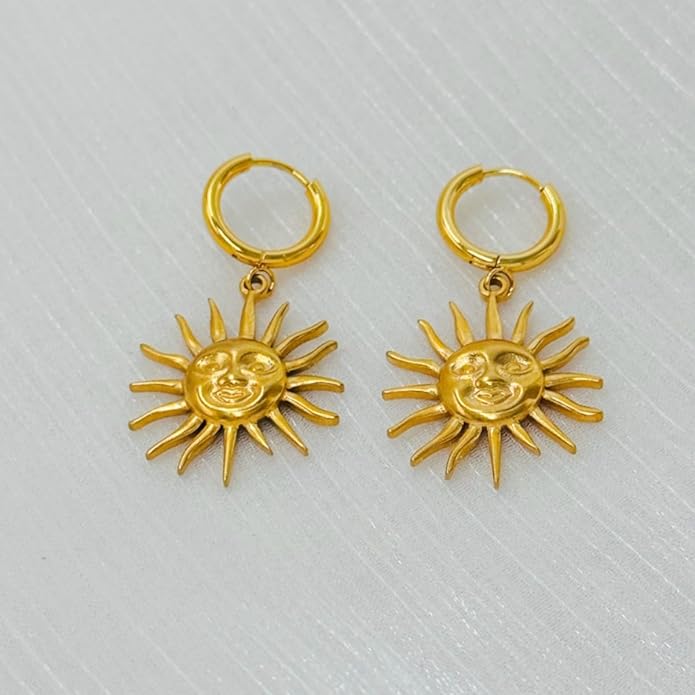 Sunburst Heart Dangle Hoop Earrings, 18K Gold Plated hypoallergenic Stainless Steel Cute Jewelry for Women daily Wear
