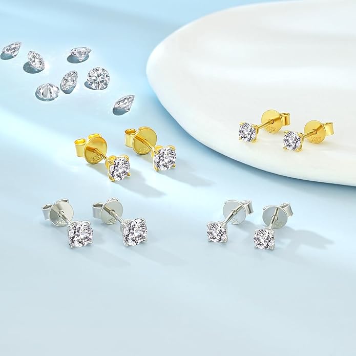 SHOWNII Diamond 4-Prong Lab-Grown Diamond Stud Earrings for Women 0.5CT 1CT 14K Gold Plated S925 Sterling Silver Screw Back Earrings(I-J Color, S1-VS2 Clarity)