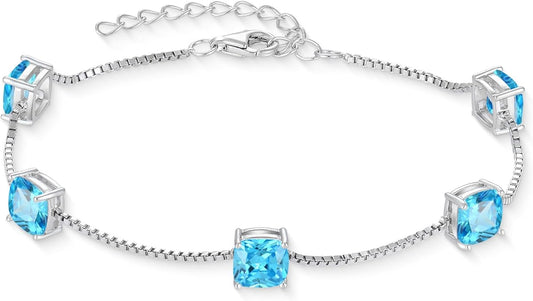 Birthstone Bracelet for Women 925 Sterling Silver Dainty Princess Cut Link Bracelet Jewelry Gifts for Her