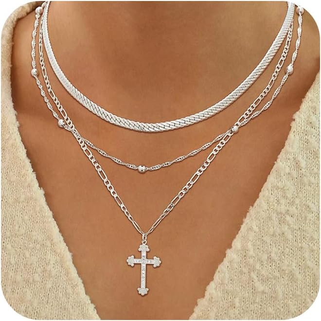 ASCOMY Gold Necklace for Women 14K Gold/Silver Plated Layered Necklaces Stackable Layering Cross Necklace Stacked Coin Pendant Pearl Herringbone Chain Stacking Gold Choker Trendy Jewelry Gift for Her