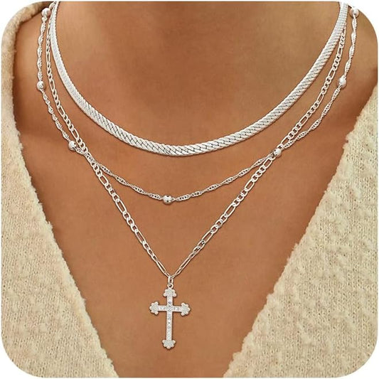 ASCOMY Gold Necklace for Women 14K Gold/Silver Plated Layered Necklaces Stackable Layering Cross Necklace Stacked Coin Pendant Pearl Herringbone Chain Stacking Gold Choker Trendy Jewelry Gift for Her