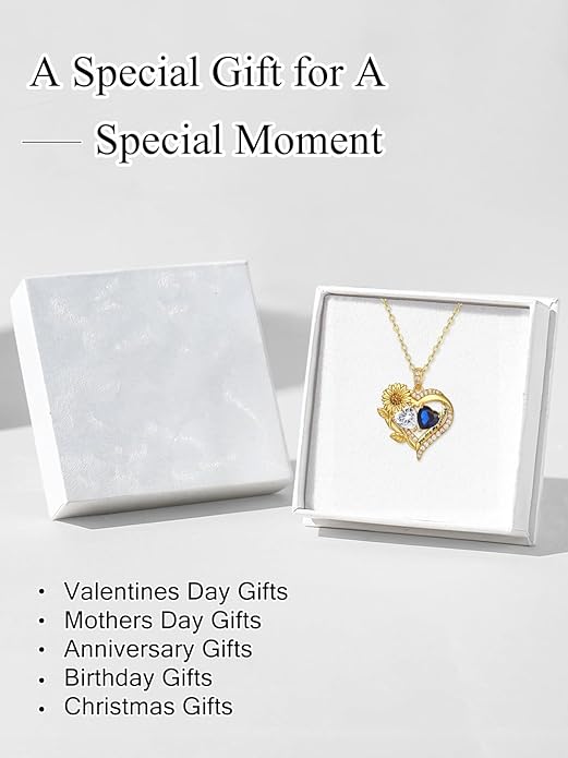 Sunflower Heart Necklace for Women 14K Gold Exquisite Anniversary Birthday Gifts for Wife Mother Her Double Birthstone Pendant jewelry‘You Are My Sunshine’