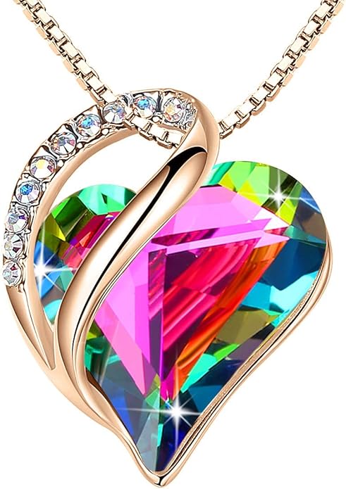 Leafael Rose Gold Plated Necklace for Women: Heart Shaped Birthstone/Healing Crystals Center, Dazzling Cubic Zirconia, Hypoallergenic Chain (18"+2"), Jewelry Gifts for Anniversaries and Birthdays