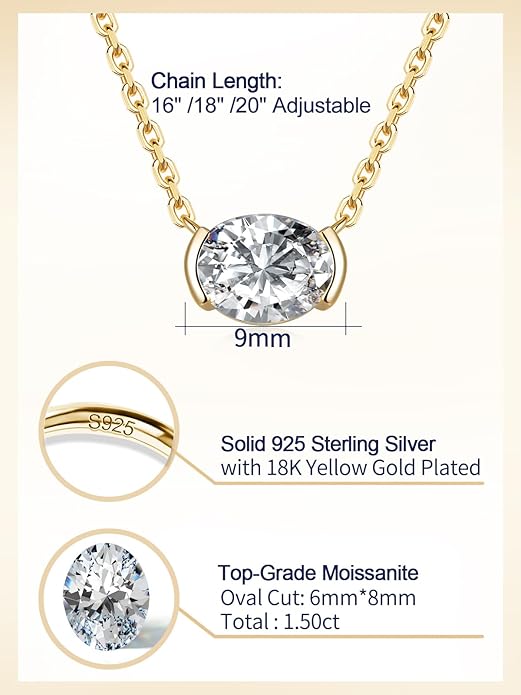 CYW Moissanite/Ruby/Sapphire/Emerald Dainty Pendant Necklace for Women, Novelty Design, Really Authentic Solid 925 Sterling Silver, 16"/18"/20" Adjustable, Birthday Anniversary Valentines Gift