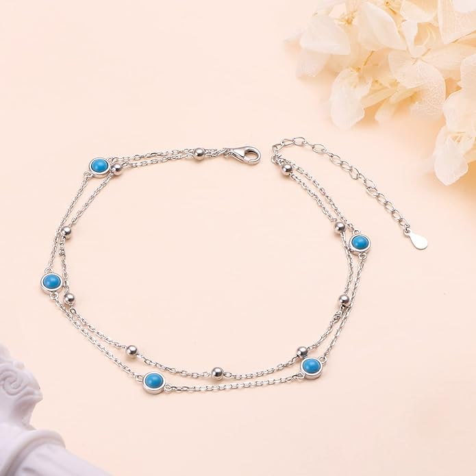 FLYOW Anklet for Women S925 Sterling Silver Adjustable Foot Beaded Heart Charm Ankle Bracelet Anklets Jewelry