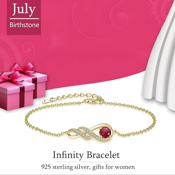 Birthstone Bracelets for Women 925 Sterling Silver Created Gemstone Bracelet Infinity Pendant Jewelry for Her, 6.7"+1.2"