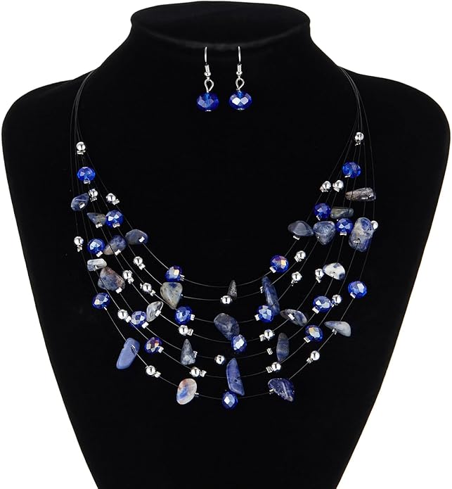 Multi-Layer Boho Shell Beaded Necklace for Women Colorful Crystal Strand with Silver Beads Statement Collars Necklace and Earrings Costumes Jewelry Sets for Women