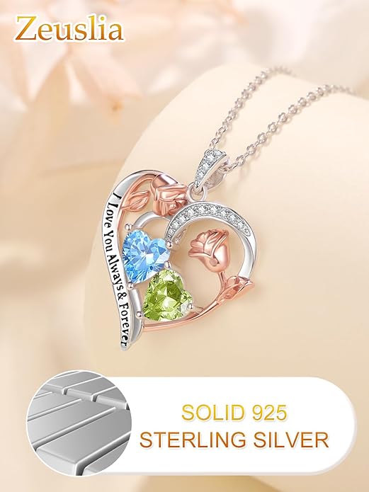 Zeuslia Double Birthstone Necklace Gifts for Wife - 925 Sterling Silver Sunflower/Rose/Crown Cross/Compass/Heart Pendant I Love You Necklace, Anniversary Birthday Gifts for Wife Girlfriend Mom Her