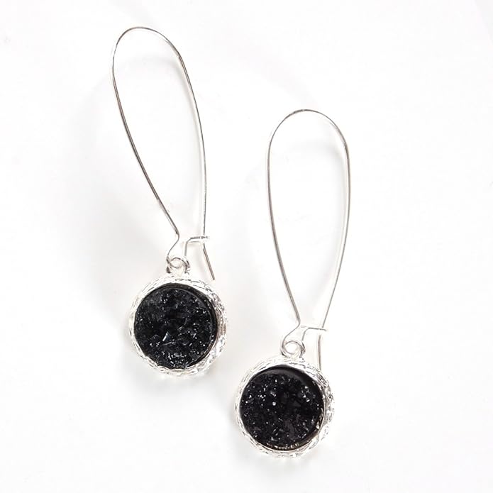 Simulated Druzy Threader Drop Earrings for Women - Gold, Silver, or Rose Gold Tone Trendy Boho Dangles with Sparkly Round Stone