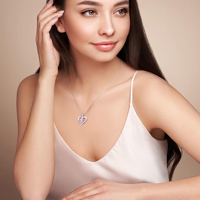 Birthstone Necklace for Women, 18K White Gold Heart Necklace Filled 925 Sterling Silver, Diamond Womens Jewelry Christmas Gifts for Women Wife