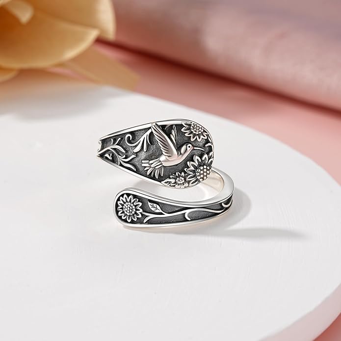 Spoon Ring Sterling Silver Hummingbird Ring Vintage Antique Spoon Rings Adjustable Thumb Rings for Women