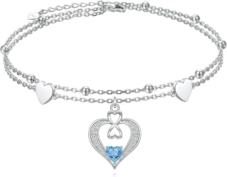 925 Sterling Silver Ankle Bracelet for Women Heart Multilayer Anklets Dainty Beaded Chain Adjustable 9+1 Inches for Summer Cute Beach Foot Jewelry
