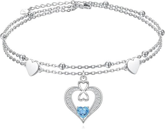 925 Sterling Silver Ankle Bracelet for Women Heart Multilayer Anklets Dainty Beaded Chain Adjustable 9+1 Inches for Summer Cute Beach Foot Jewelry