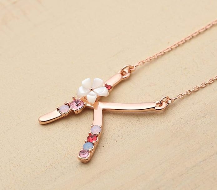 Flower Initial Letter Necklace Pink Red Blue Simulated Pearl Pendant Name Jewelry Made with Austrian Crystals Rose Gold Plated Anniversary Birthday Gifts for Women,18"+2"