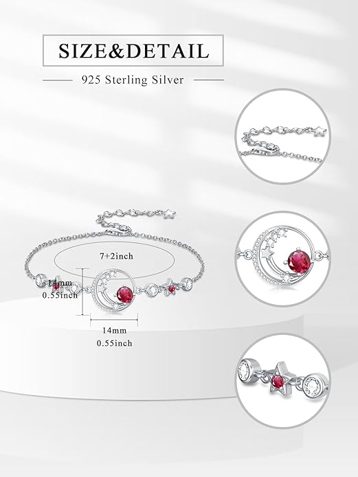 Moon and Star Birthstone Charm Link Bracelet 925 Sterling Silver Moon and Star Bracelet with 12 Months Birthstone Birthday Jewelry Gifts for Women Mom Her,Chain Length 7"+2" Extend