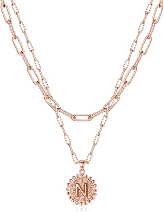 Yoosteel Gold Initial Necklaces for Women, 14K Gold Plated Dainty Layering Paperclip Link Chain Necklace Coin Initial Layered Necklaces for Women Personalized Birthday Gifts