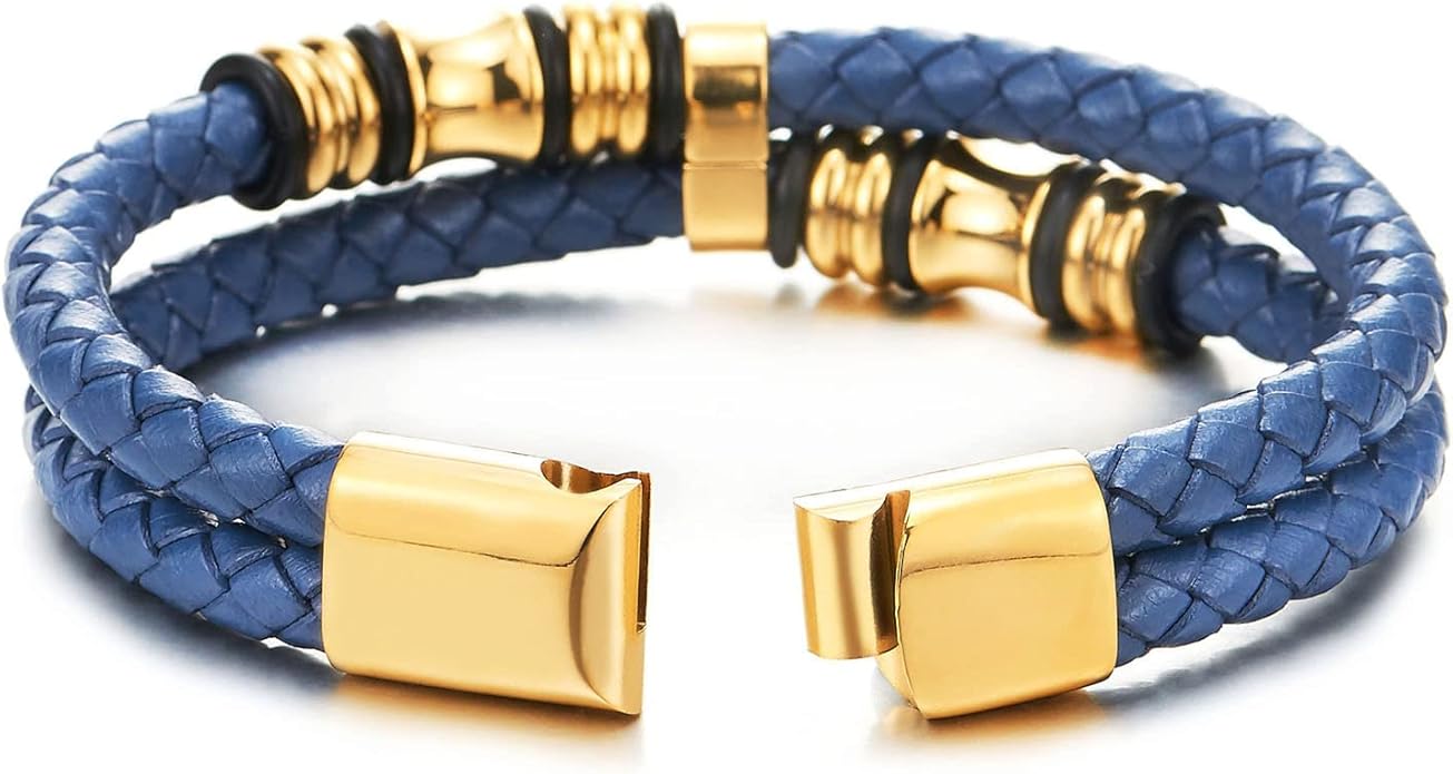 COOLSTEELANDBEYOND Mens Double-Row Braided Leather Bracelet Bangle Wristband with Stainless Steel Ornaments