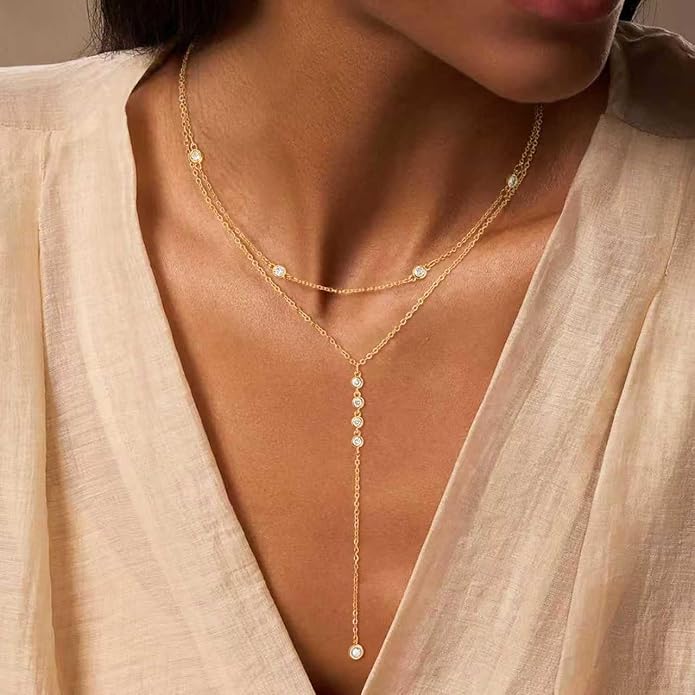 Lariat Necklace for Women, Dainty Long Necklaces, 14k Gold/Silver Plated Y-Shaped Drop Chain Necklace, Simple Layered Necklaces, Trendy Jewelry Gifts for Her