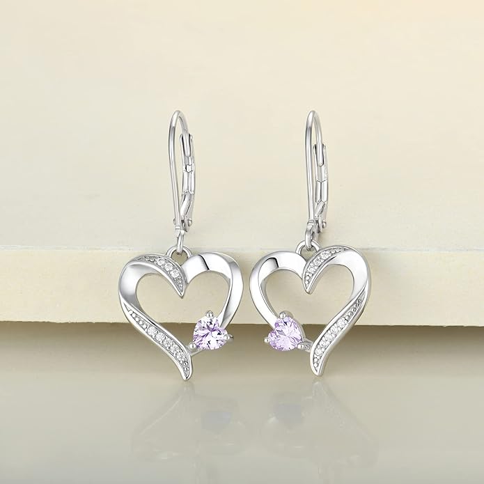 YL Heart Dangle Earrings 925 Sterling Silver Drop Earrings Birthstone Leverback Jewelry for Women