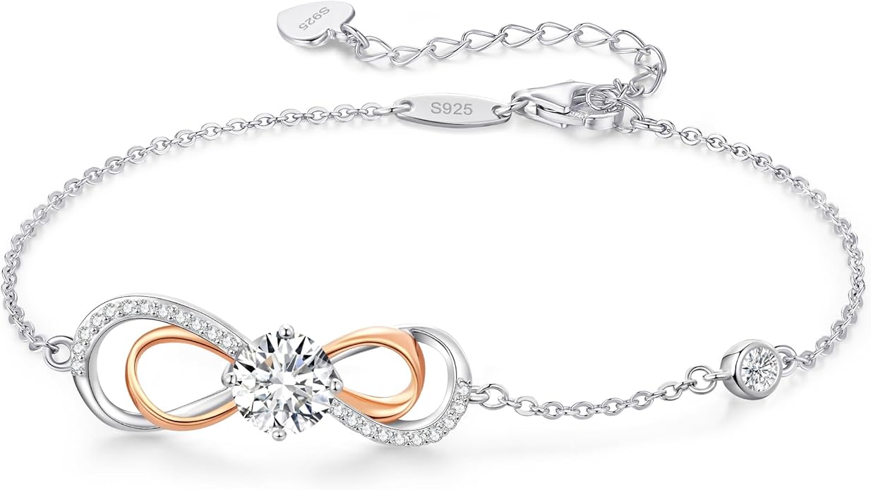 LOUISA SECRET Rose Gold Infinity Heart Bracelet for Women, Adjustable Chain 925 Sterling Silver Link Birthstone Bracelets, Best Anniversary Birthday Jewelry Gifts for Women Mom Wife Her