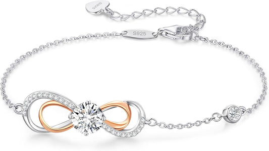LOUISA SECRET Rose Gold Infinity Heart Bracelet for Women, Adjustable Chain 925 Sterling Silver Link Birthstone Bracelets, Best Anniversary Birthday Jewelry Gifts for Women Mom Wife Her