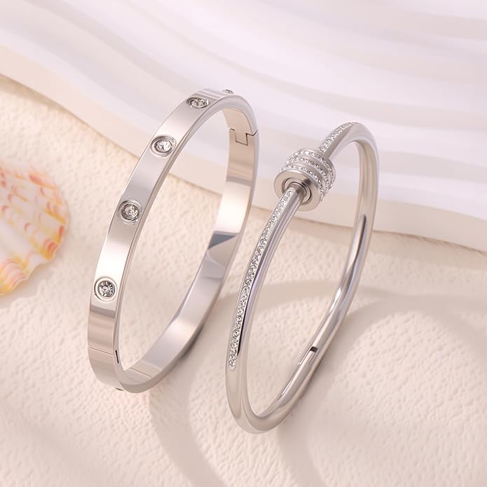 Silver Bangles for Women - Stainless Steel Love & Friendship Bracelet Set with Gift Box | Daily Wear & Party Jewelry